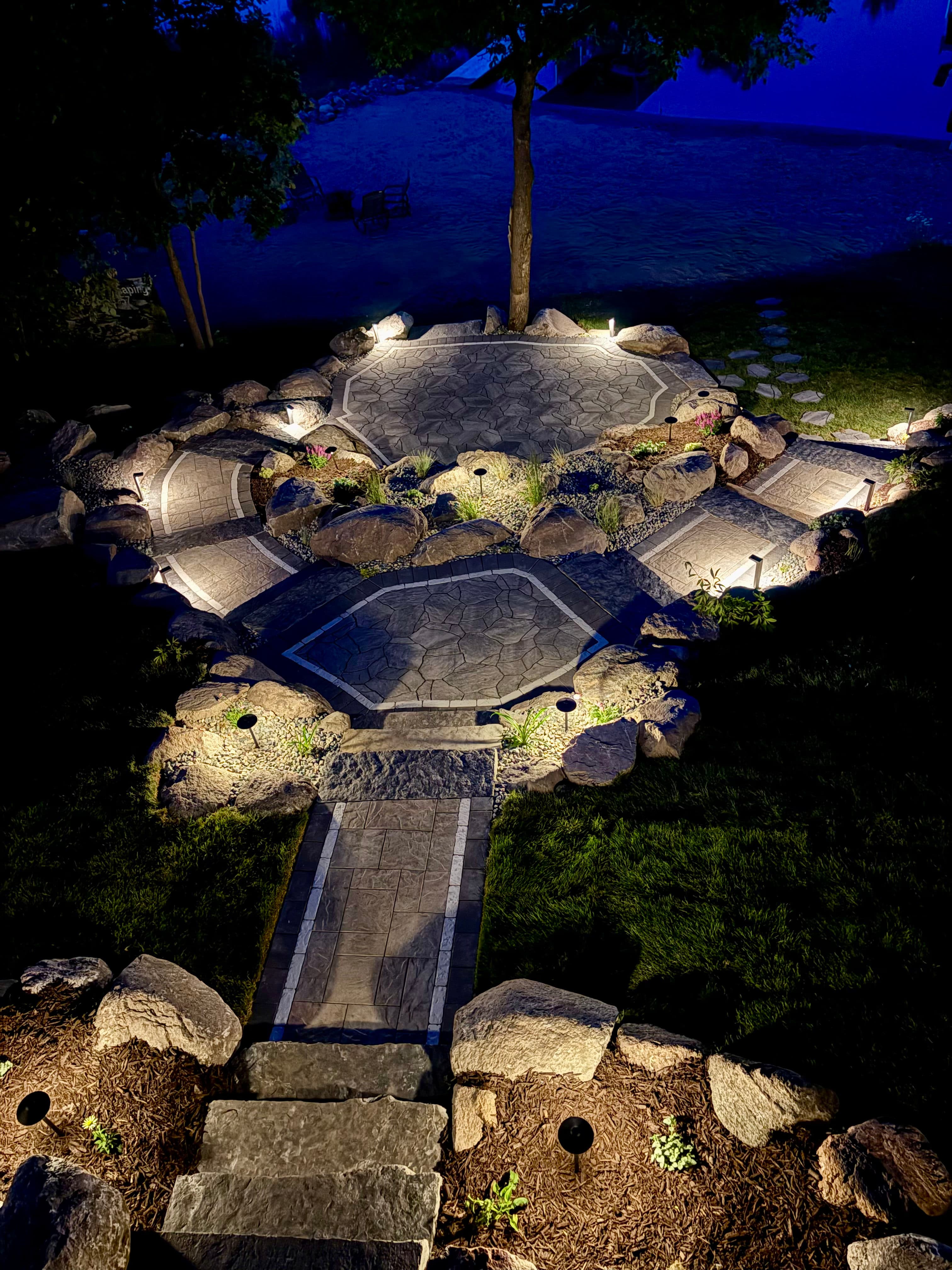 Project Full Lakeside Landscape Build with Patios, Stone Steps and Lighting image