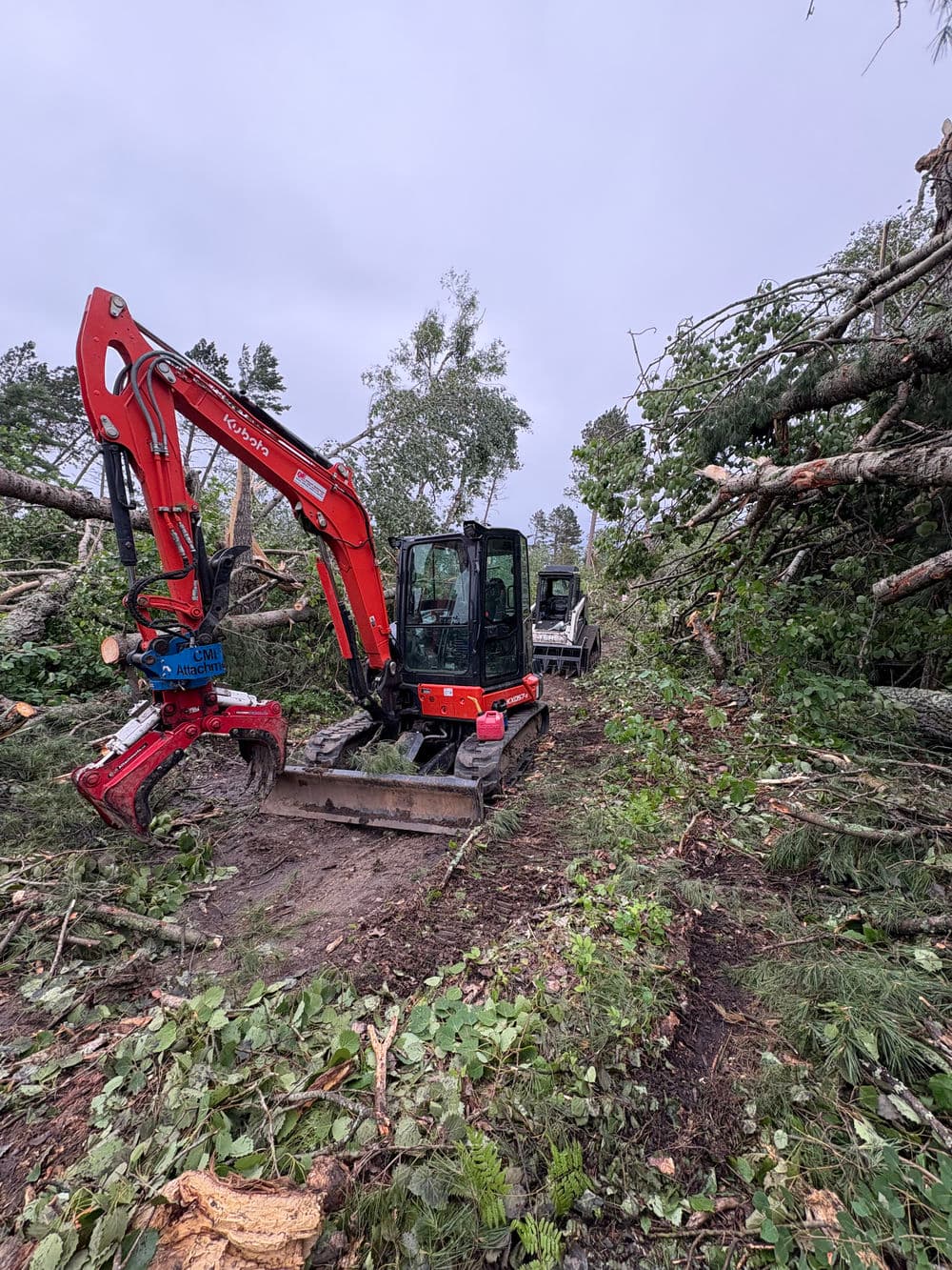 Excavator clearing fallen trees on a forest trail after storm damage.